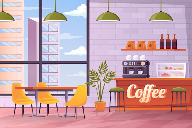 Coffeeshop-interieurconcept in plat cartoonontwerp Kamer met aanrechtblad voor koffiezetapparaat