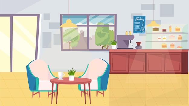 Coffeeshop interieurconcept in platte cartoon design. Baristatafel met koffiezetapparaat, menukaart, vitrine met desserts, tafel met fauteuils, deur en raam. Vector illustratie horizontale achtergrond