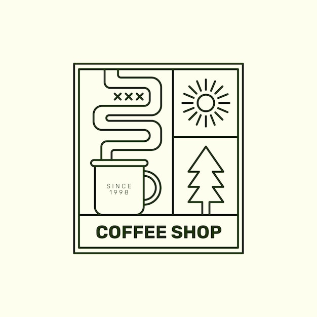 Coffeeshop logo monoline met bomen en mok illustratie