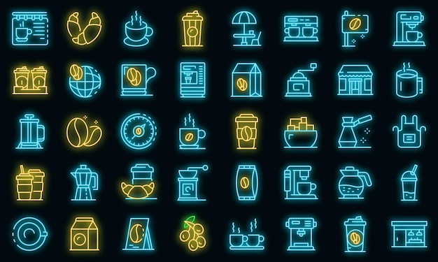 Coffeeshop pictogrammen instellen. Overzicht set van coffeeshop vector iconen neon kleur op zwart