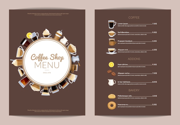 Vector coffeeshop verticale menusjabloon. koffiemenu met kopje espresso en cappuccino
