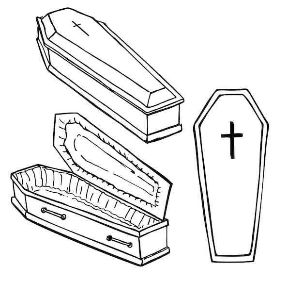 Vector coffin set isolated open and closed casket sketch vector illustration clipart halloween of coffin