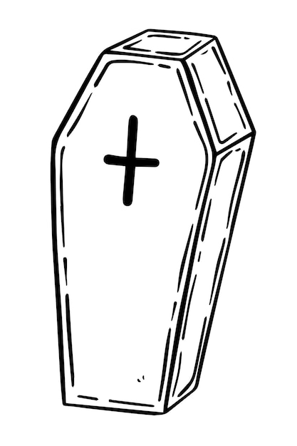 Coffin with a cross for the burial of bodies animal people doodle linear