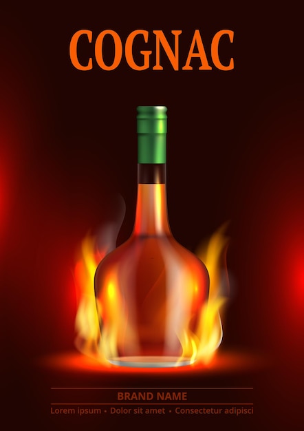 Poster di cognac cartello pubblicitario per bevande alcoliche whisky con fiamma di fuoco per bottiglie e modello vettoriale decente per l'acqua con posto per il testo