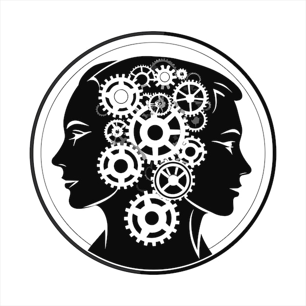 Cogs interlocked within two heads talking corporate vector illustrations