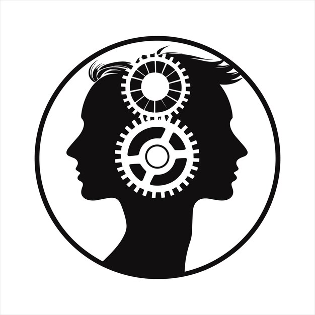 Cogs interlocked within two heads talking corporate vector illustrations