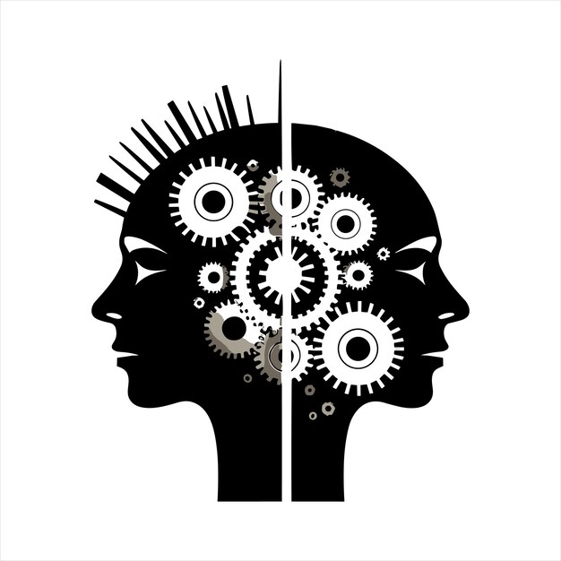 Cogs interlocked within two heads talking corporate vector illustrations