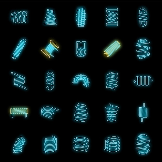 Coil spring cable icons set Outline illustration of 25 coil spring cable vector icons neon color on black