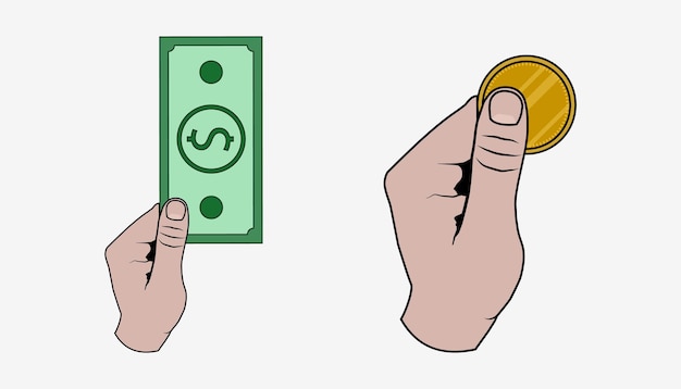 Coin and banknote in the hands of a person