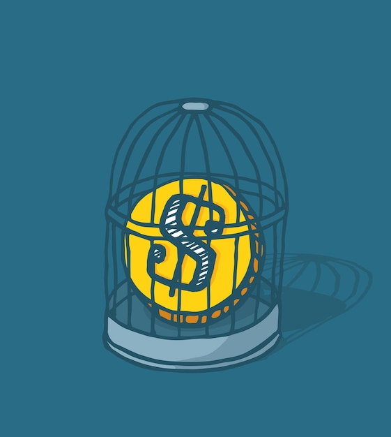 Vector coin caged or money locked in bird cage