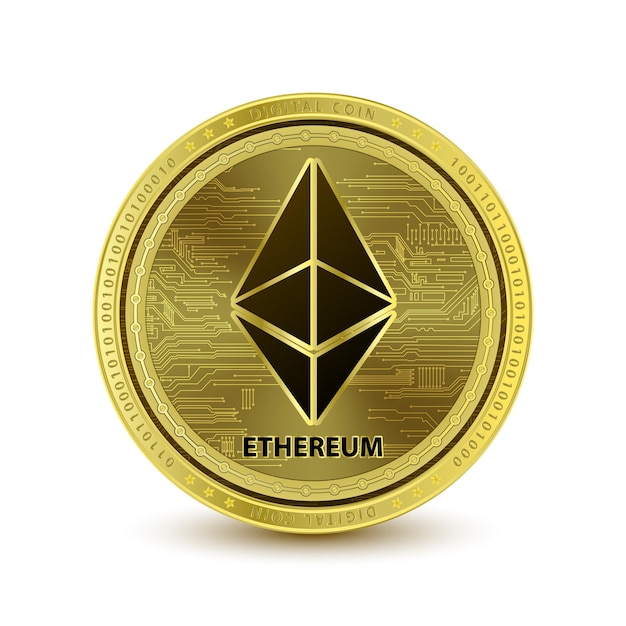 Золотая монета Ethereum (ETH) на белом фоне альтернатива цифровой валюте блокчейна криптовалюты.