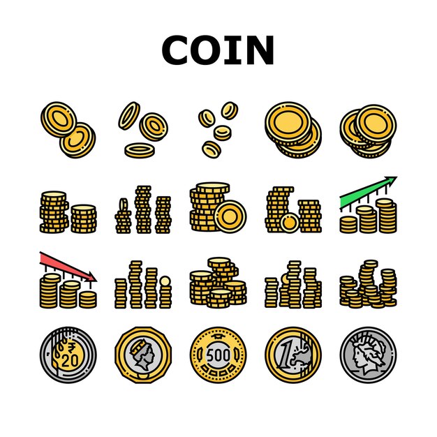 Монеты, золото, деньги, наличные, банковские иконы, набор векторов