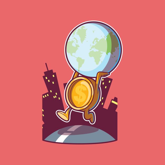 Vector coin running while holding the world vector illustration finance money design concept