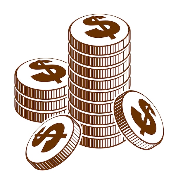 コインスタック現金またはカジノチップの静物、ベクトルアイコン、イラストまたはロゴ、収益または税金の概念、セントの山。