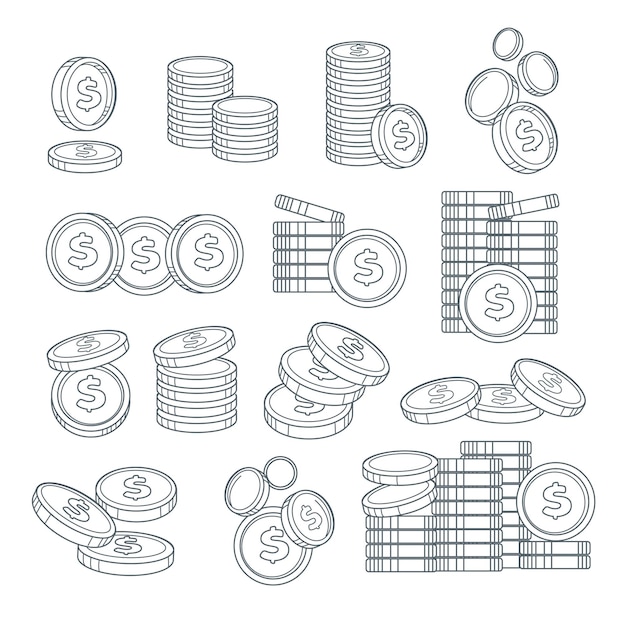 Coin stacks or pennies isolated sketches banking business cash