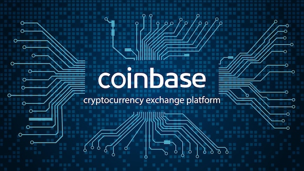 Coinbase cryptocurrency beursnaam en printplaat op donkerblauwe achtergrond Crypto-beursbanner voor nieuws en media Vectorillustratie