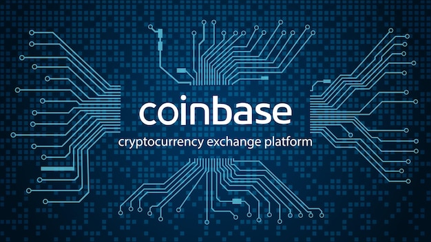 Coinbase 암호 화폐 주식 시장 이름 및 진한 파란색 배경에 인쇄 회로 기판 뉴스 및 미디어 벡터 일러스트 레이 션에 대 한 암호 증권 거래소 배너