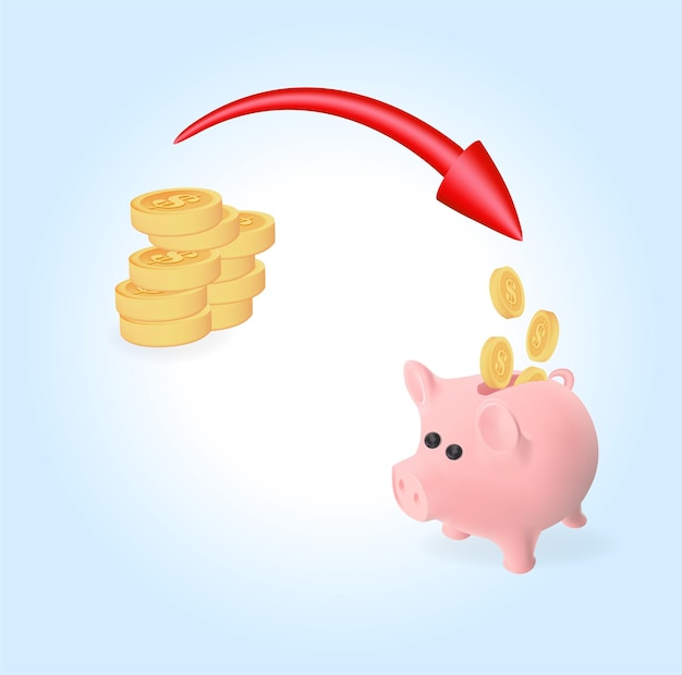 Coins are converted into savings. Piggy bank, cash coins, red arrow. 3d vector in high quality