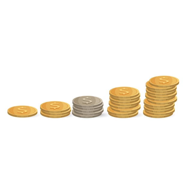 Vettore monete in ordine crescente isolato. soldi d'argento e d'oro in pila. illustrazione degli investimenti, aumento dei profitti e prosperità dei risultati. concetto economico