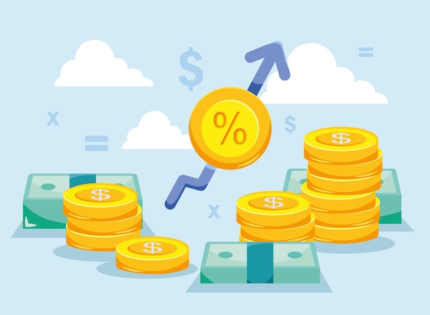 Vector coins and bills with increase arrow