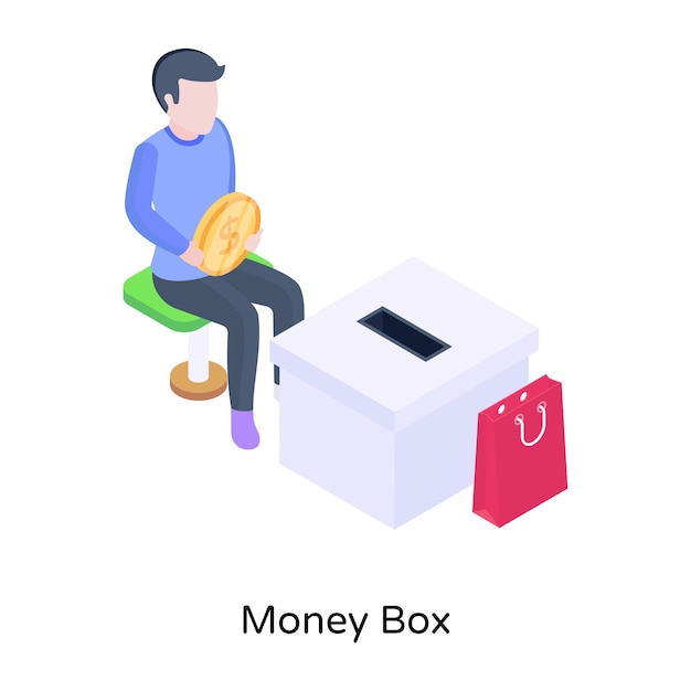 Coins box with shopping bag money box isometric illustration