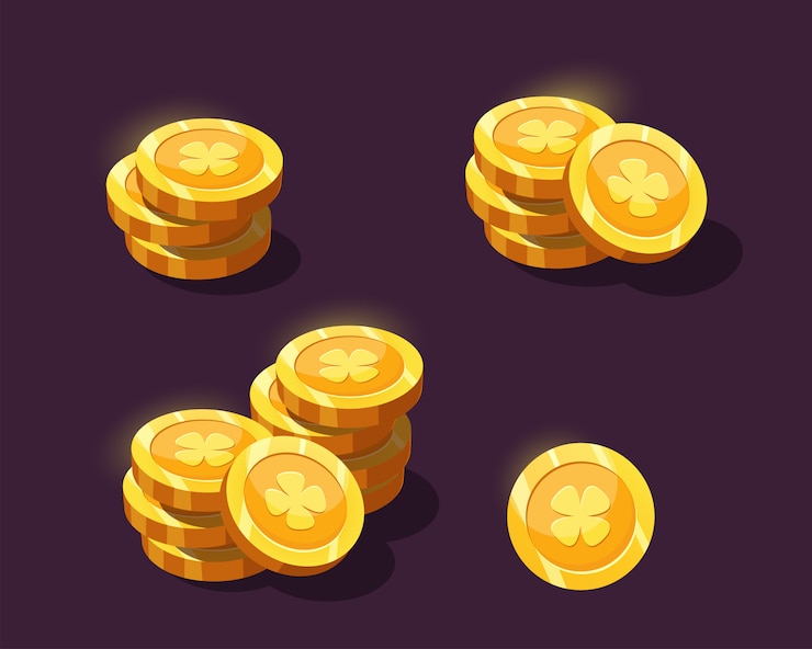 Вектор монеты для игрового интерфейса. золотые монеты мультфильм для игрового дизайна.