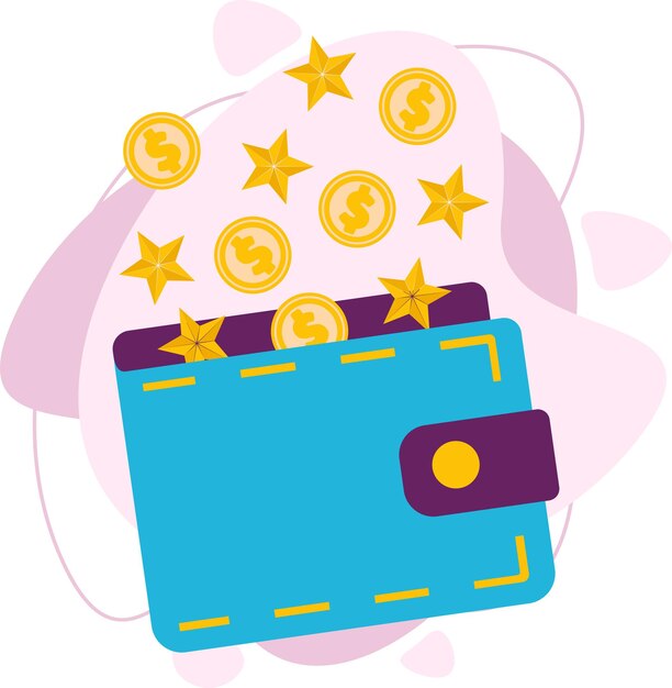 Coins and gold stars fly out of the wallet. loss of money, cost overruns, bankruptcy. flat vector illustration.