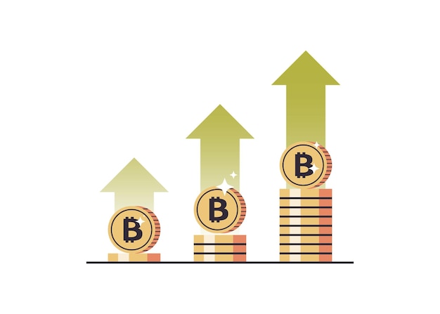 Vettore la crescita delle monete con le frecce e le monete d'oro impilano il moderno concetto di valuta criptata con denaro digitale.