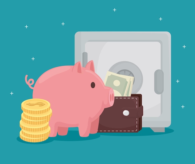 Vector coins piggy wallet with bills and strongbox of money