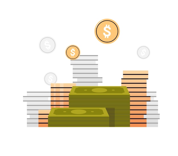 Coins stack and banknote stacked money golden penny cash pile flat vector illustration