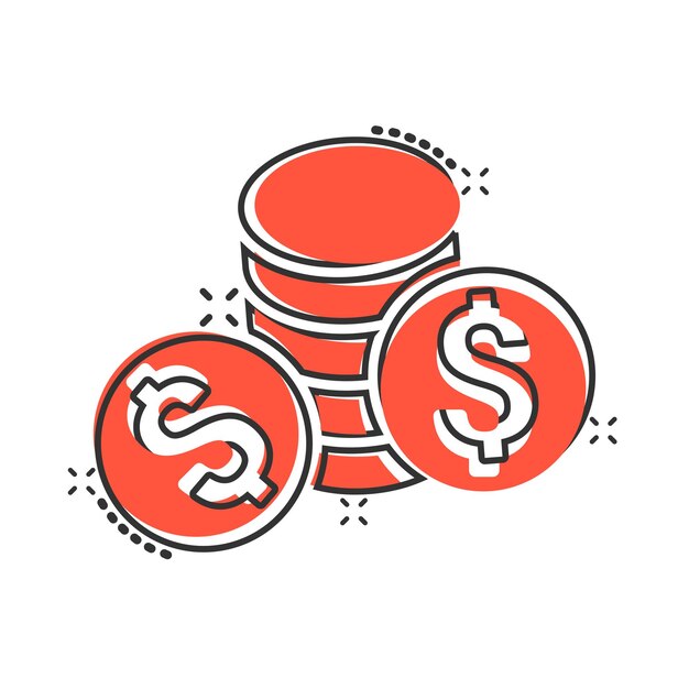 Coins stack icon in comic style Dollar coin cartoon vector illustration on white isolated background Money stacked splash effect business concept