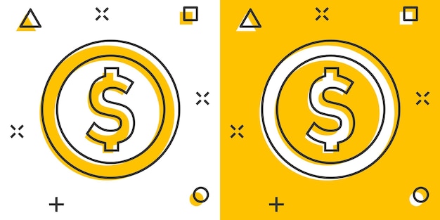 Coins stack icon in comic style Dollar coin vector cartoon illustration pictogram Money stacked business concept splash effect