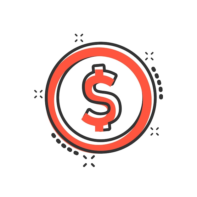 Coins stack icon in comic style Dollar coin vector cartoon illustration pictogram Money stacked business concept splash effect