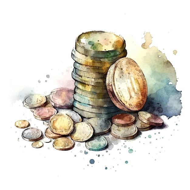 Coins stack vector illustration watercolor coins pile coins money one golden coin standing on stacked gold coins modern design isolated on white background