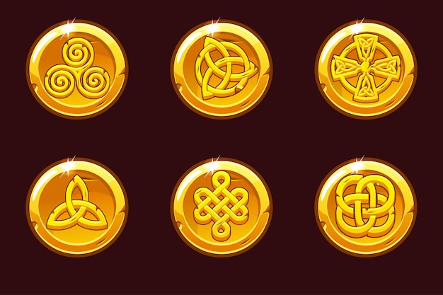 Coins with celtic symbols. Cartoon set celtic icons.