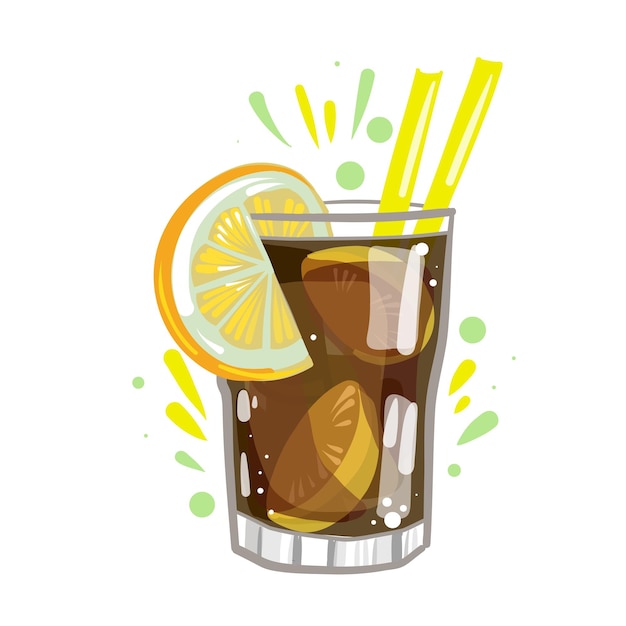cola-cocktail met citroen, vector clipart, handgetekende voedselillustratie