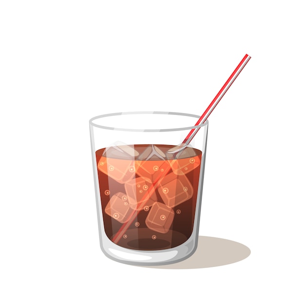 棒で氷とガラスのコップでコーラを飲む