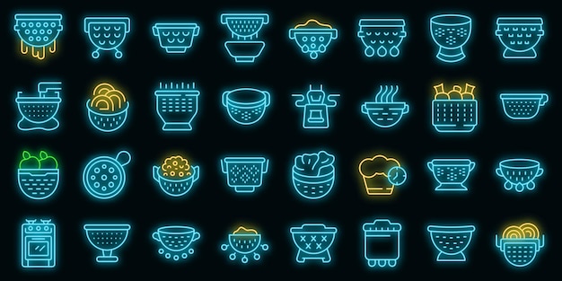 Colander icons set outline vector. Cook strainer. Food accessory