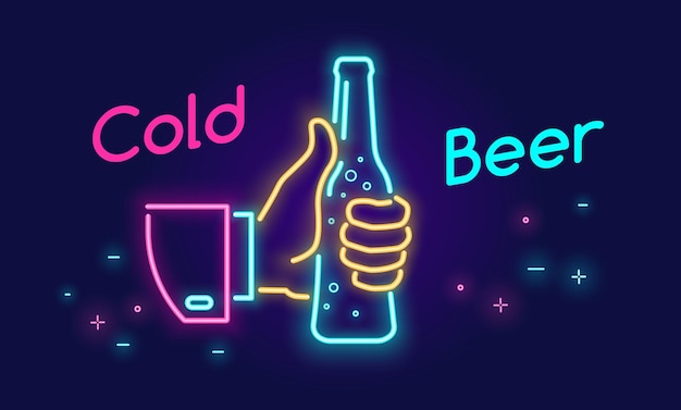 Бутылка холодного пива и большие пальцы руки вверх значок символа в стиле неонового света на темном фоне, яркий вектор неон