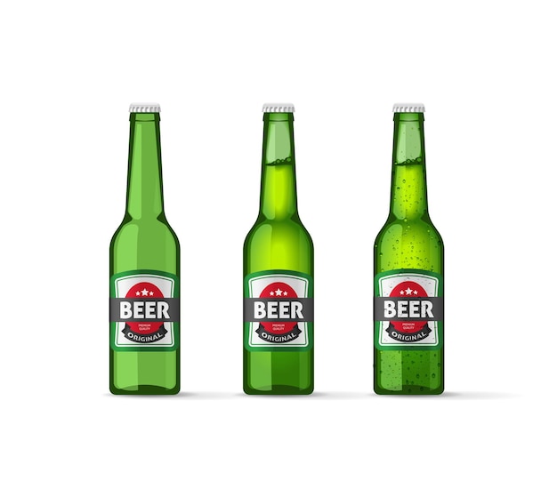 Cold beer bottles realistic template empty and full