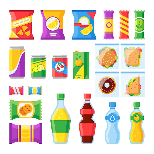 Cold beverages and snack in plastic package merchandising flat vector isolated icons set