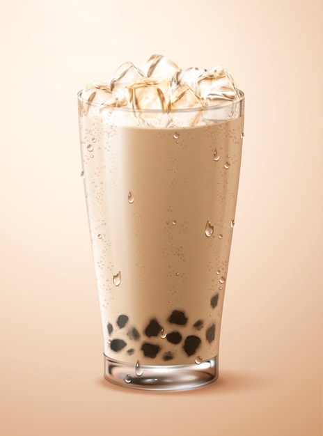 Cold bubble tea with ice cubes in glass cup