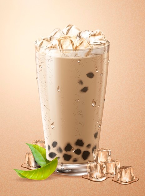 Cold bubble tea with ice cubes and green leaves in glass cup