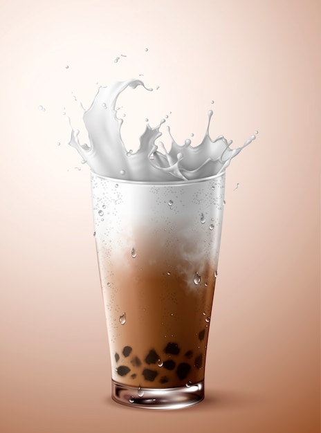 Vector cold bubble tea with milk splashing in glass cup