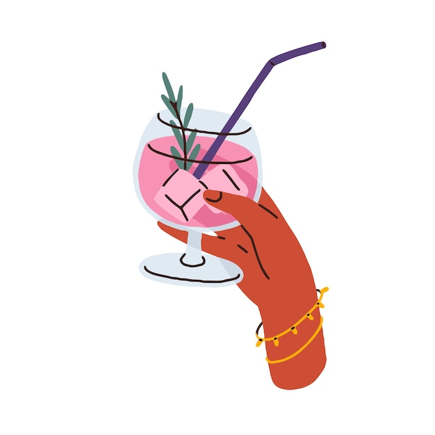 cold cocktail in hand holding iced summer drink in wineglass glass with straw cool refreshing beverage lemonade with rosemary in goblet flat vector illustration isolated on white background