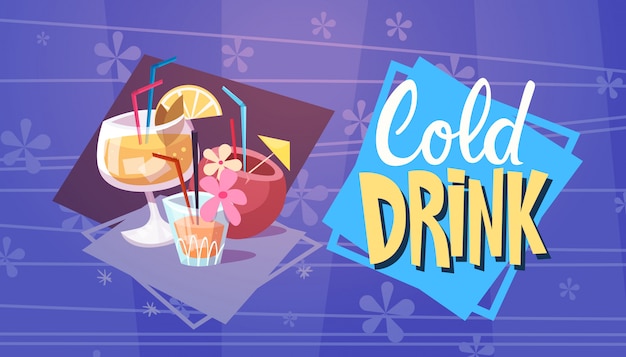 Vector cold drink cocktails summer time vacation sea travel retro banner seaside holiday