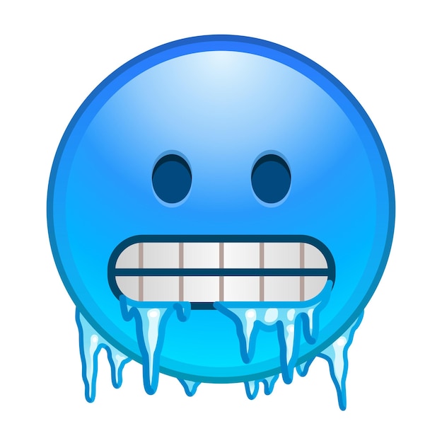 Vector cold emoji freezing emoticon icy blue face with gritted teeth icicles and snow cap