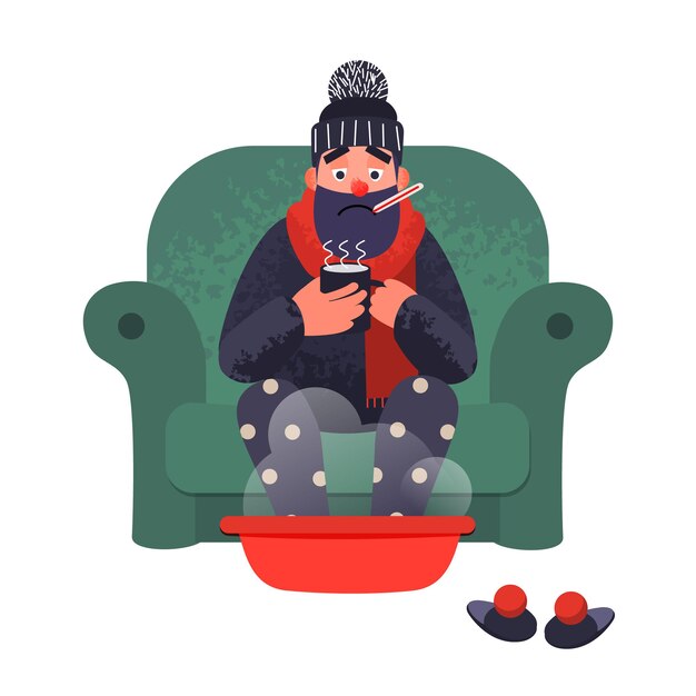 Человек простудного гриппа на диване с термометром