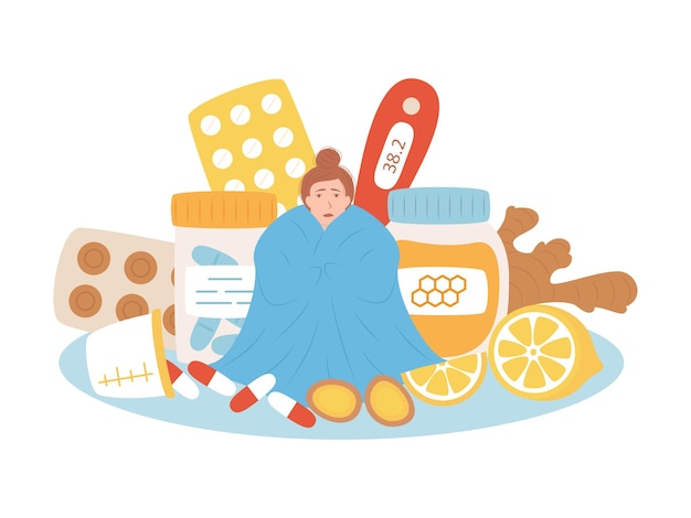 cold flu virus treatment concept a girl with a high fever sits wrapped in a blanket and chooses between medications and natural treatments vector illustration