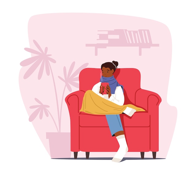 Vector cold at home concept. freezing female character wrapped in warm plaid and winter clothes sitting in armchair with hot drink. low degrees temperature, cold weather freeze. cartoon vector illustration